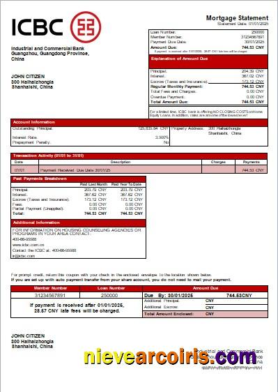 China ICBC bank mortgage statement